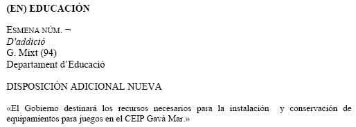 Enmienda de Ciutadans a los presupuestos de la Generalitat de Catalunya para el a�o 2009 solicitando que el Departamento de Educaci�n destine los recursos necesarios para instalar y conservar equipamientos para juegos en la 'Escola Gav� Mar' (20 de noviembre de 2008)